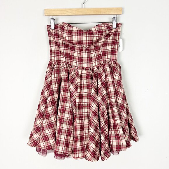 NEW Altar’d State Red Plaid Strapless Dress Sweetheart A-line Tulle Lined Size X - Picture 2 of 5